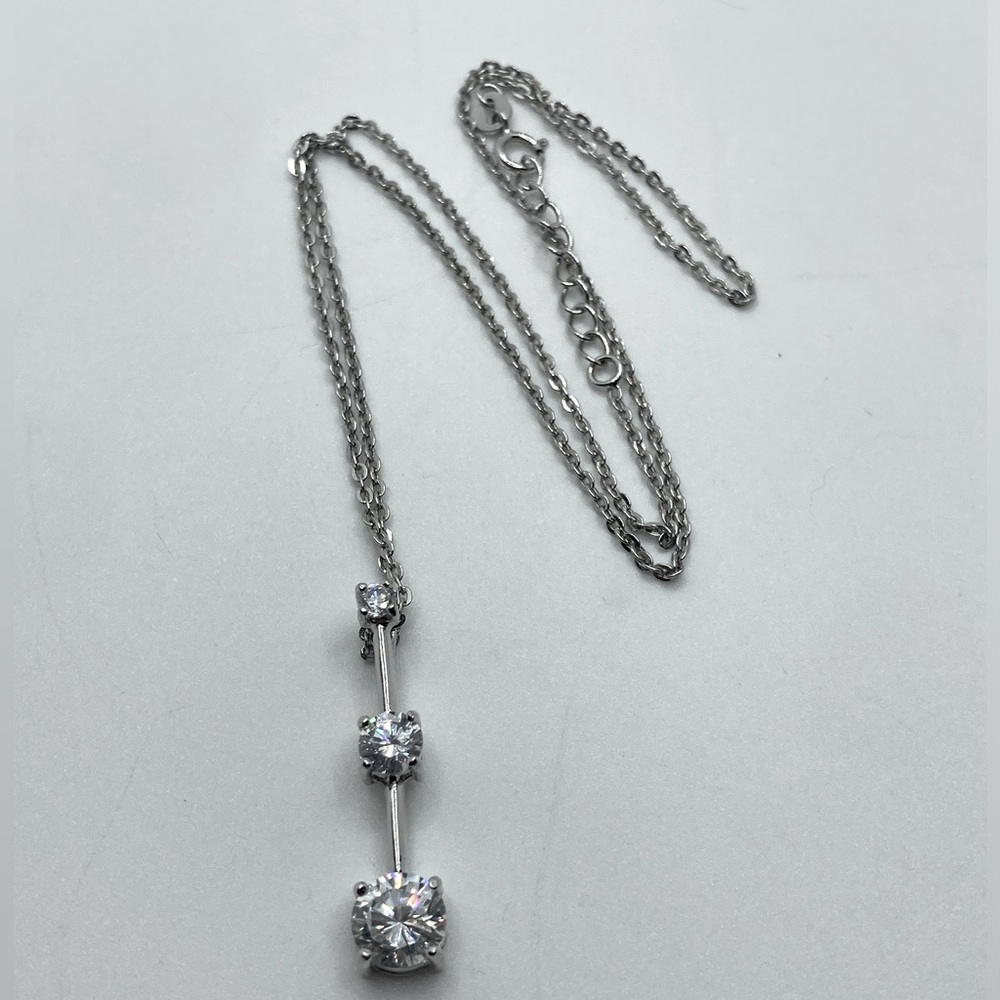 STERLING Silver & White Cz 3 Stone Drop Bar Pendant 17” & 1.2” Pendant